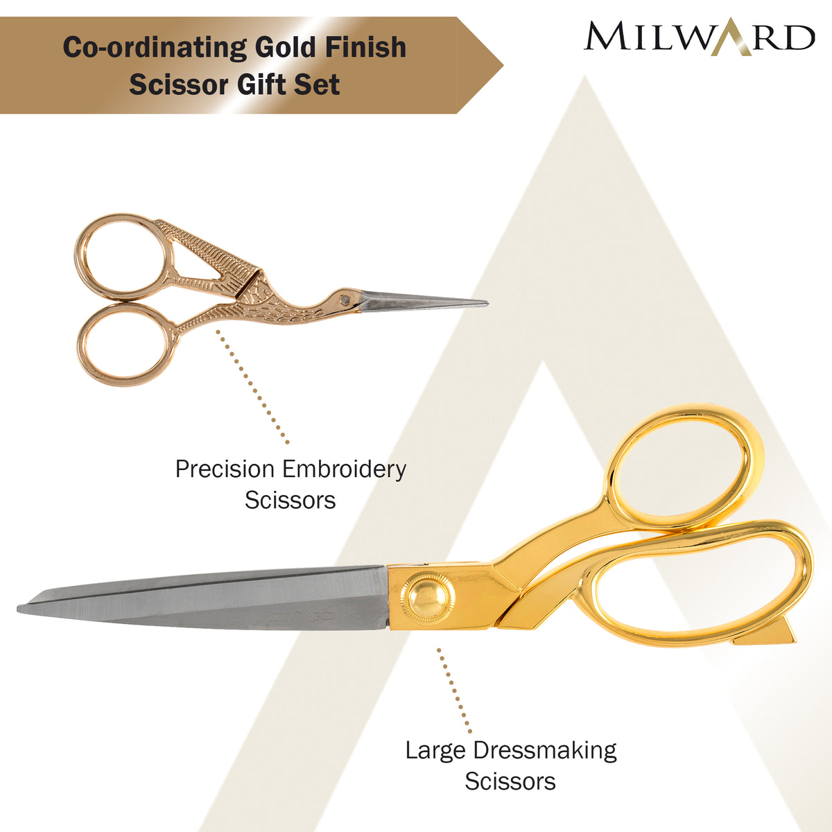 Milward gold finish gift set with 25cm dressmaking scissors and 11.5cm stork embroidery scissors.