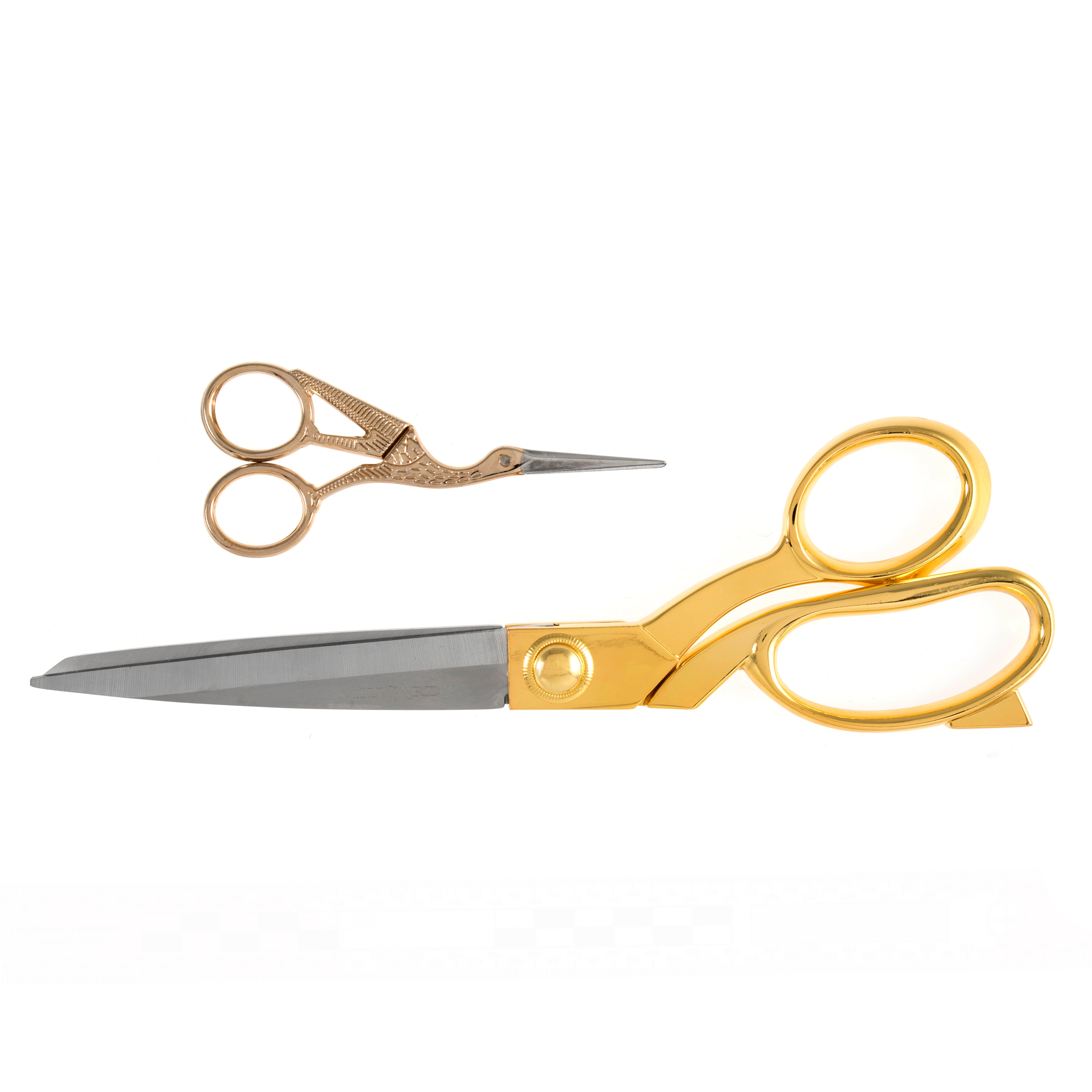 Gold-handled 25cm dressmaking shears and 11.5cm stork embroidery scissors gift set.