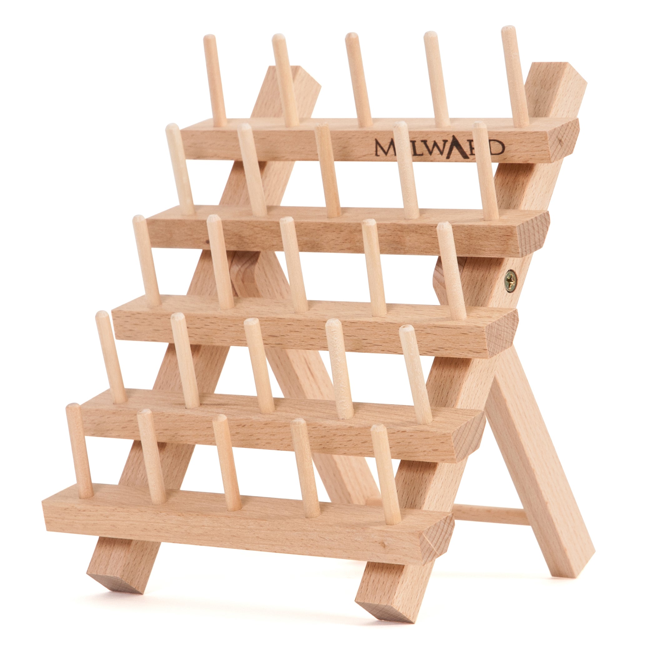 Milward beech wood spool holder with 25 pegs arranged in five tiers on a folding frame.