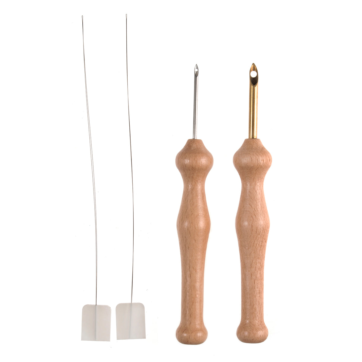 Milward Punch Needle Set with two maple wood handles, brass needles, and two wire threaders.