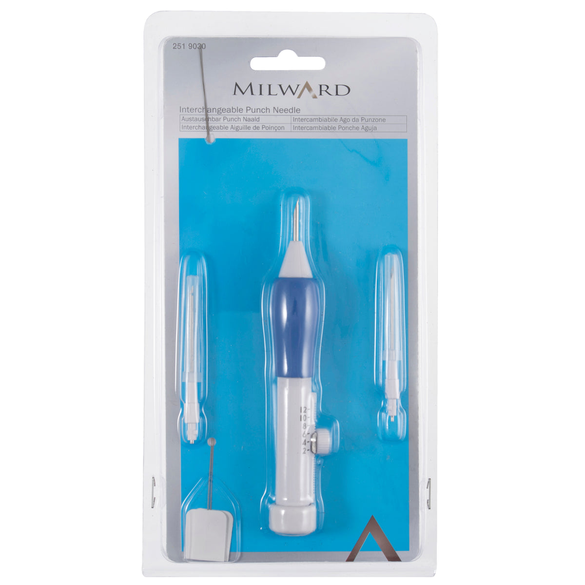 Milward Interchangeable Punch Needle set with 3 needle sizes and 12 loop size settings.