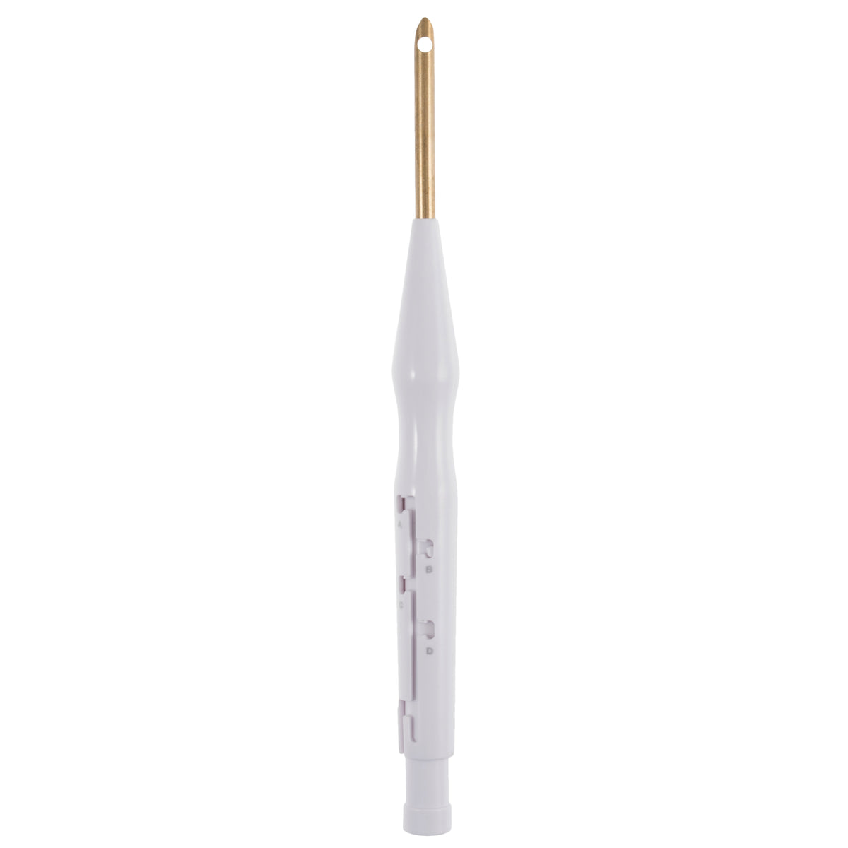 White adjustable punch needle with a 5mm gold-tone tip and four loop size settings labeled A to D.