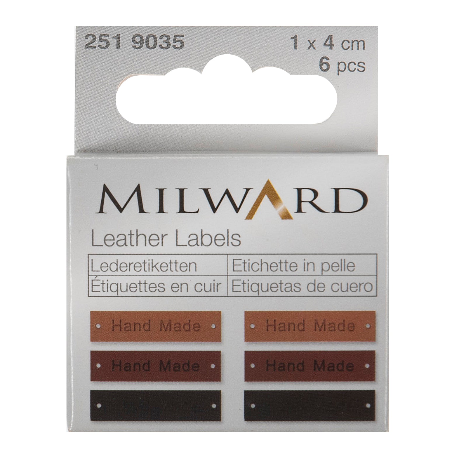 Pack of six assorted brown and black leather labels measuring 1 x 4cm with Hand Made text.
