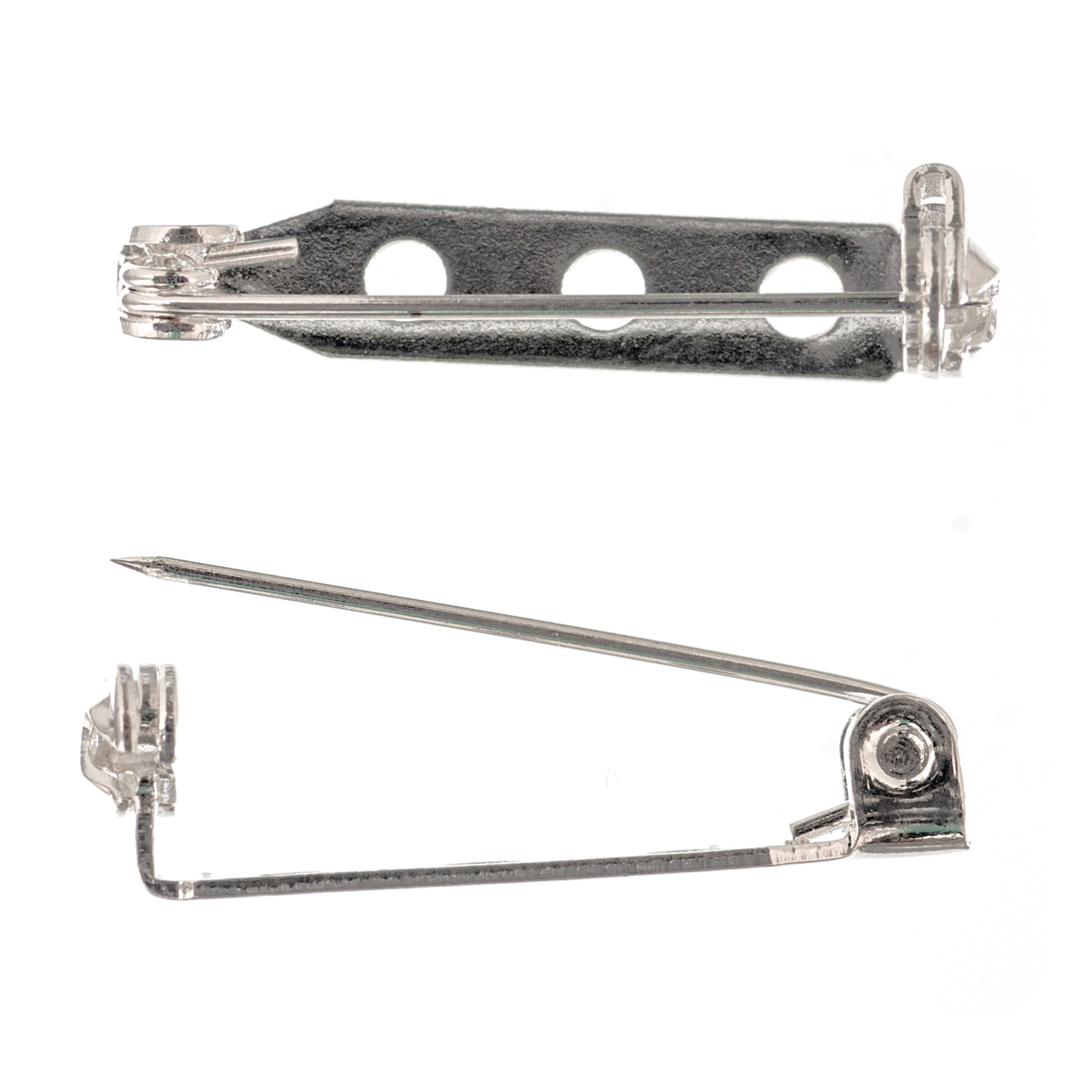 Two silver-colored metal brooch bars with safety pin closures shown in open and closed positions.