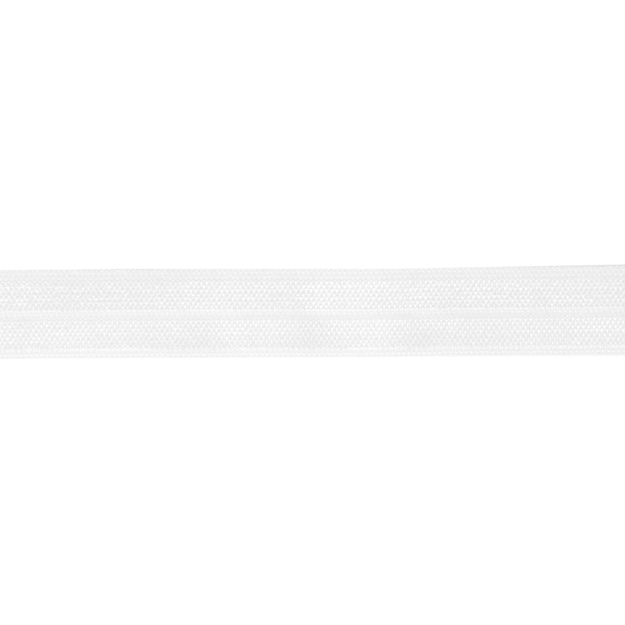 White 15mm fold-over elastic ribbon with a central crease for sewing and dressmaking.