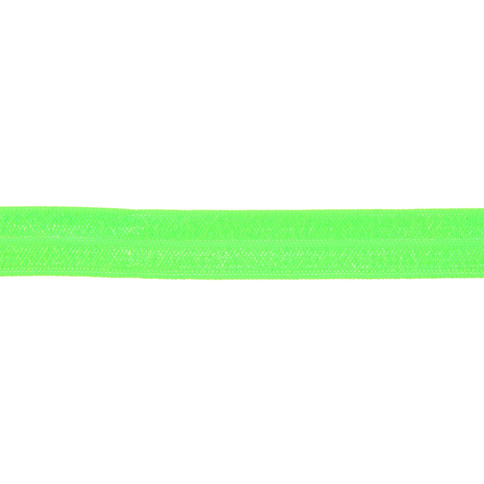 Neon green 15mm fold-over elastic ribbon for sewing and crafts.