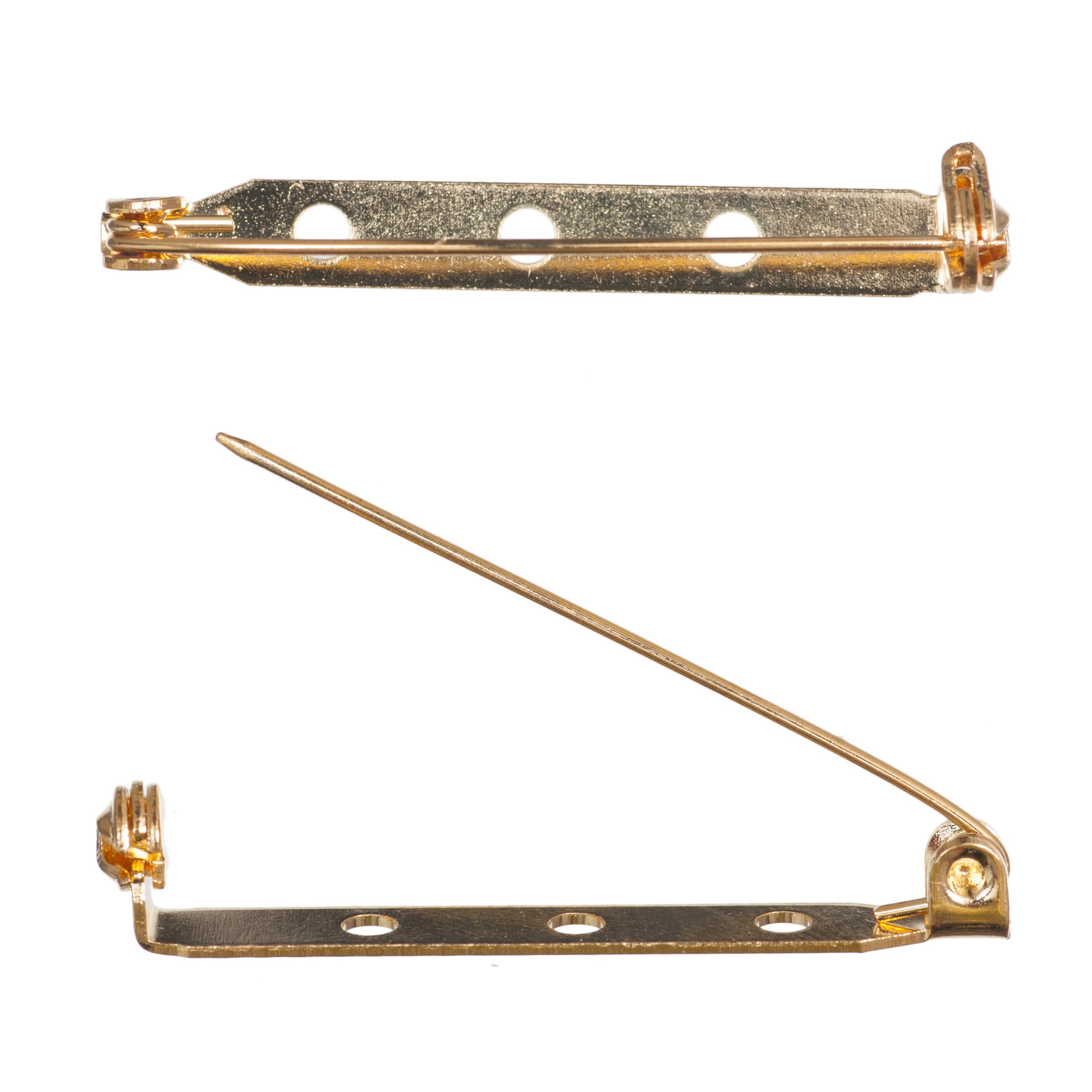 Two gold-plated iron brooch bars with safety pin closures shown in closed and open positions.