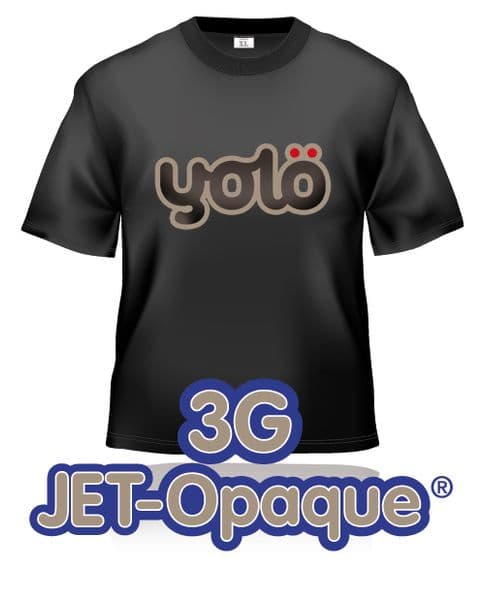 Black t-shirt with YOLO and 3G Jet-Opaque logos.