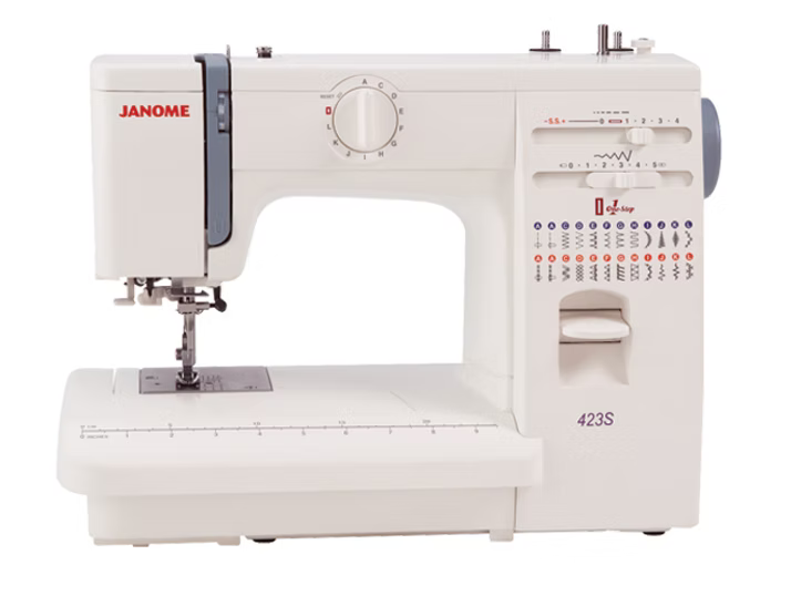 Janome 423S mechanical sewing machine with stitch selection dials and controls.