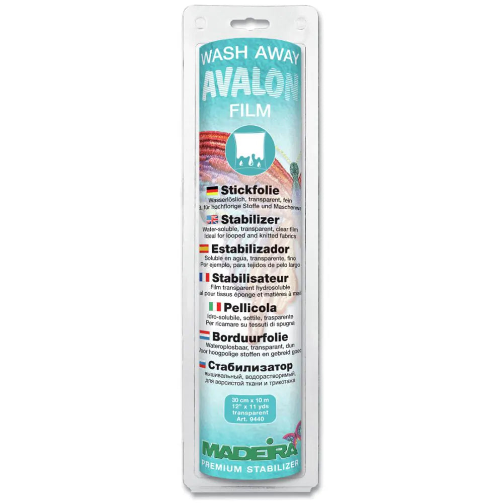 A roll of Madeira Avalon Film water-soluble embroidery stabilizer in its original packaging.