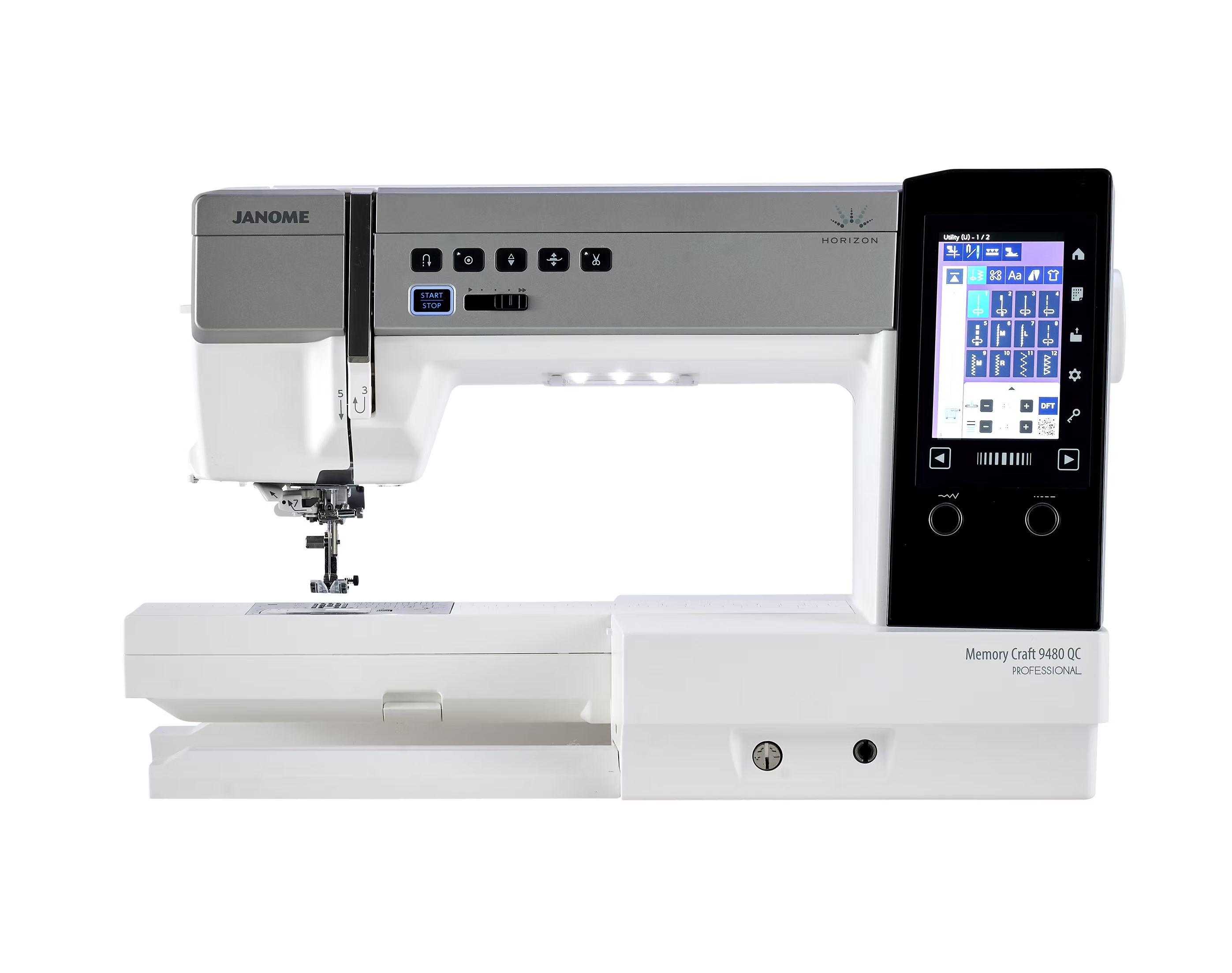 Janome MC9480QC Professional sewing machine with touchscreen and buttons.