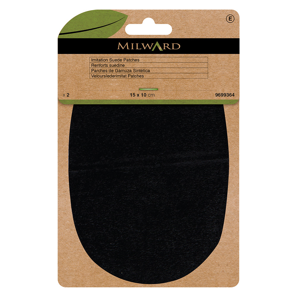 Two black sew-in imitation suede patches in 10 x 15cm size on cardboard packaging.
