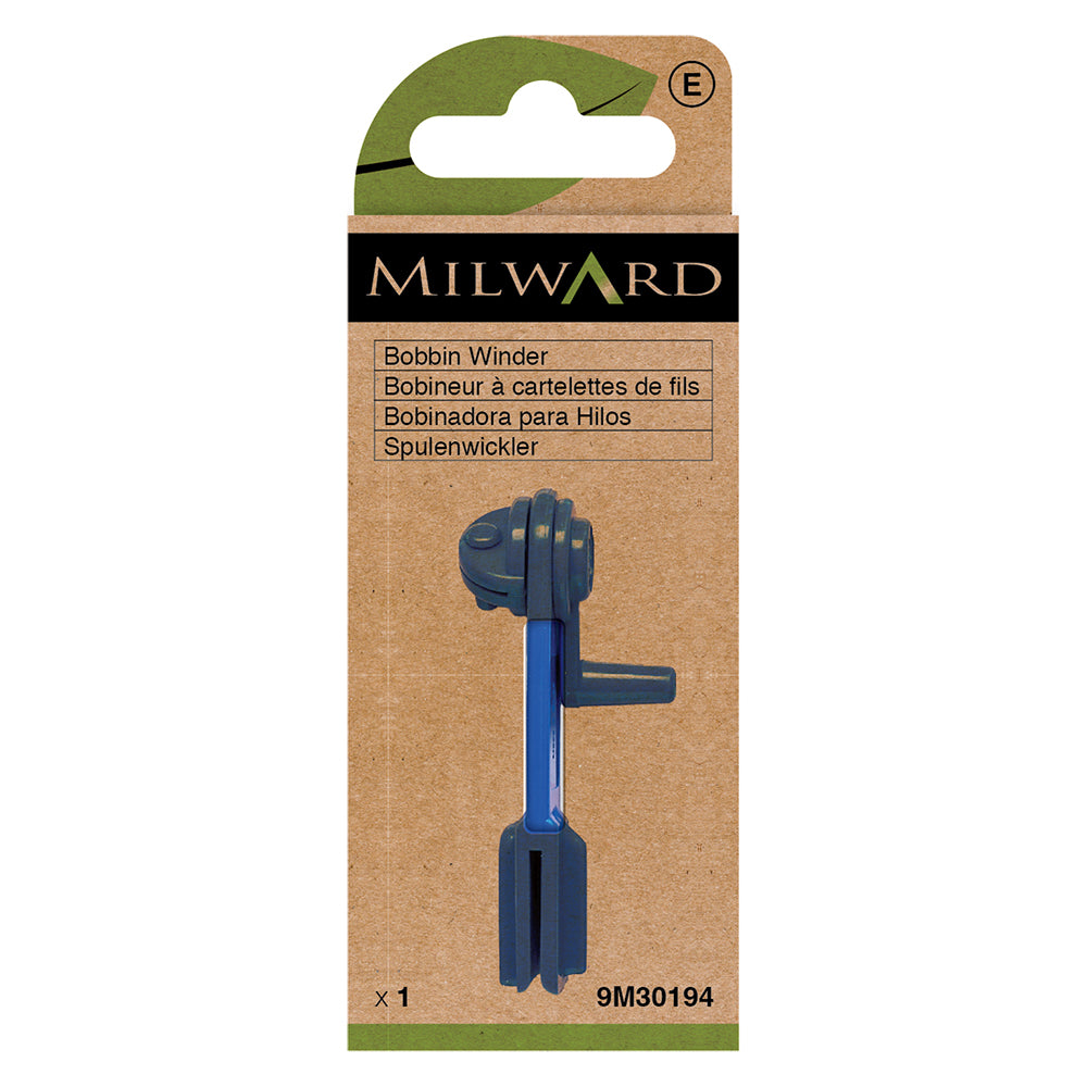 Milward blue plastic bobbin winder for embroidery thread in recyclable paper packaging.
