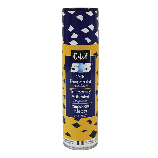 Madeira Temporary Adhesive Spray 250ml with yellow and blue patterned can.