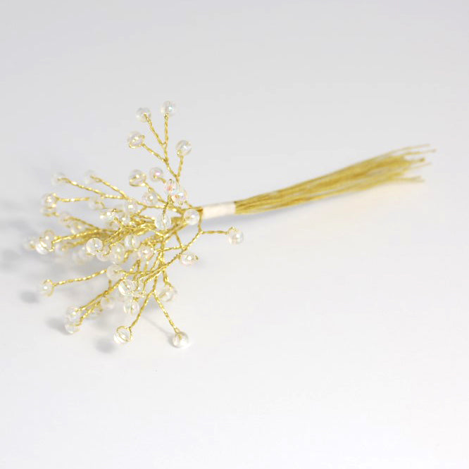 Bundle of 12 gold wire stems with iridescent pearl beads on a white background.