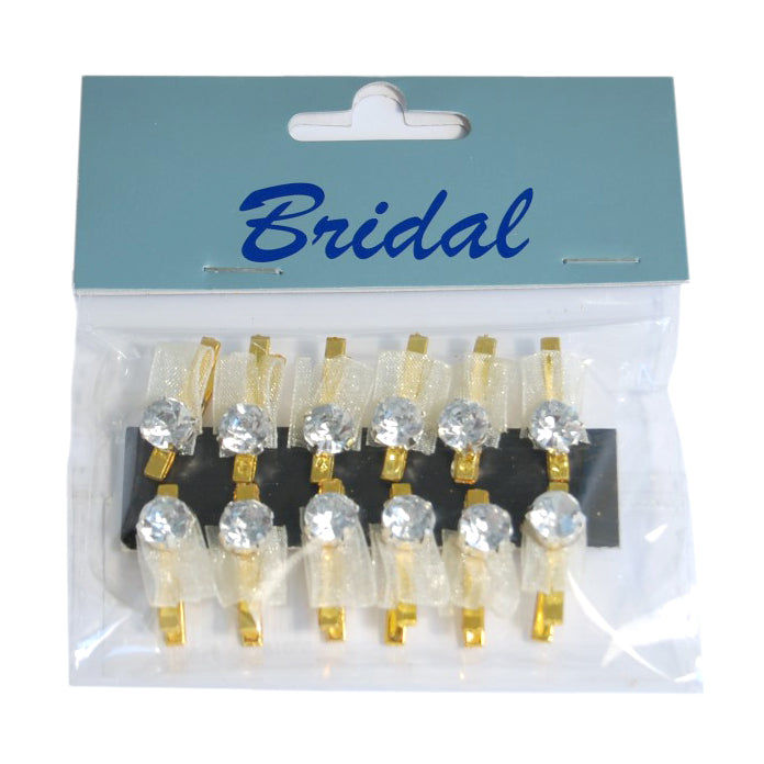 Pack of 12 gold diamante organza pegs on a blue Bridal branded display card.