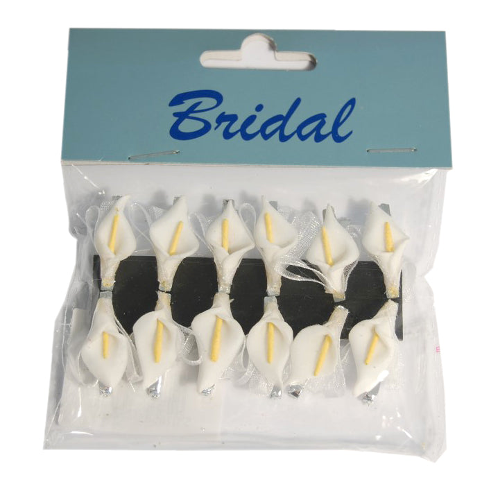 Pack of 12 white and silver lily-shaped decorative pegs on a blue Bridal branded card.
