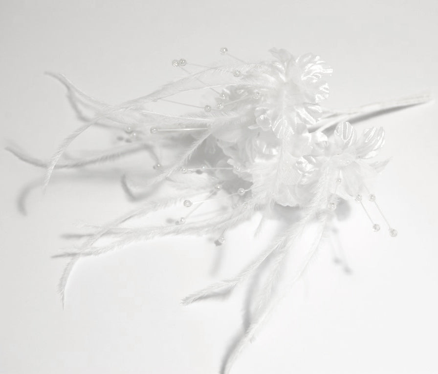 White feather blossom flower with delicate bead accents, 15cm size.