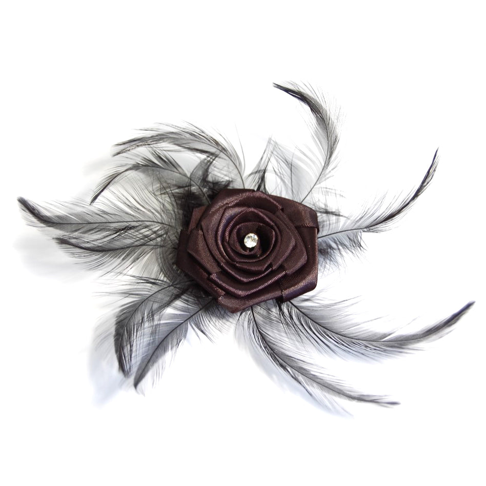 Dark brown ribbon rose hair clip with black feathers and a central diamante.