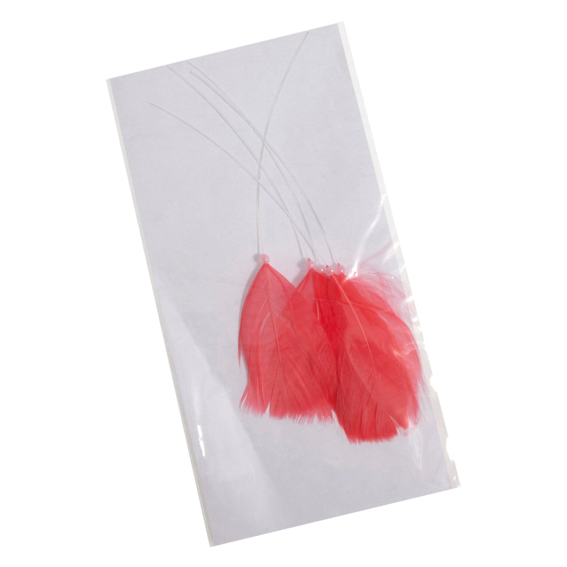 Pack of six 7cm dark coral feathers attached to clear stems with small pink beads.