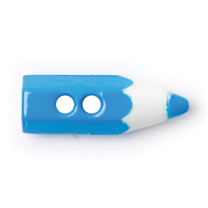 Blue and white 20mm nylon pencil-shaped button with two holes.