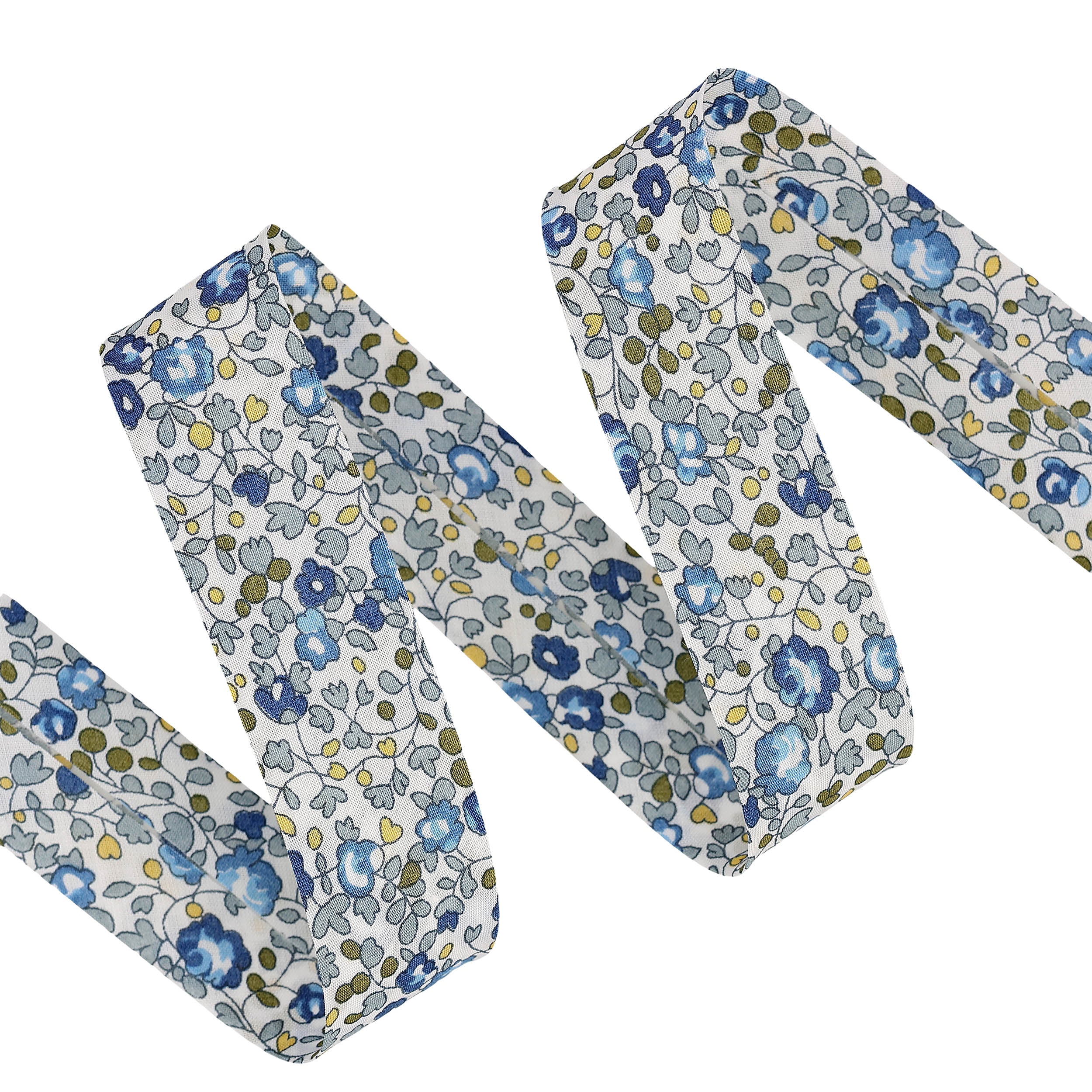 20mm Liberty print cotton bias binding with a blue and green floral pattern on a white background.