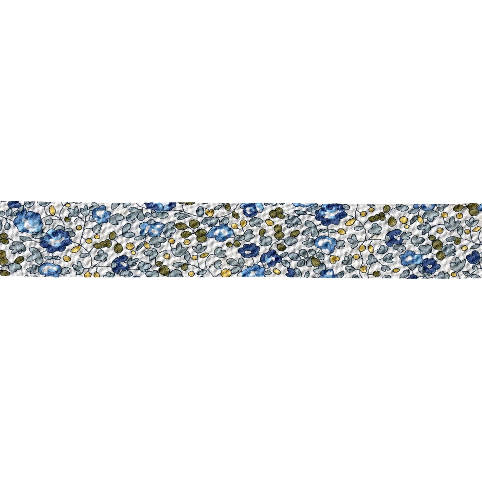20mm Liberty print cotton bias binding with a blue and grey floral pattern on a white background.