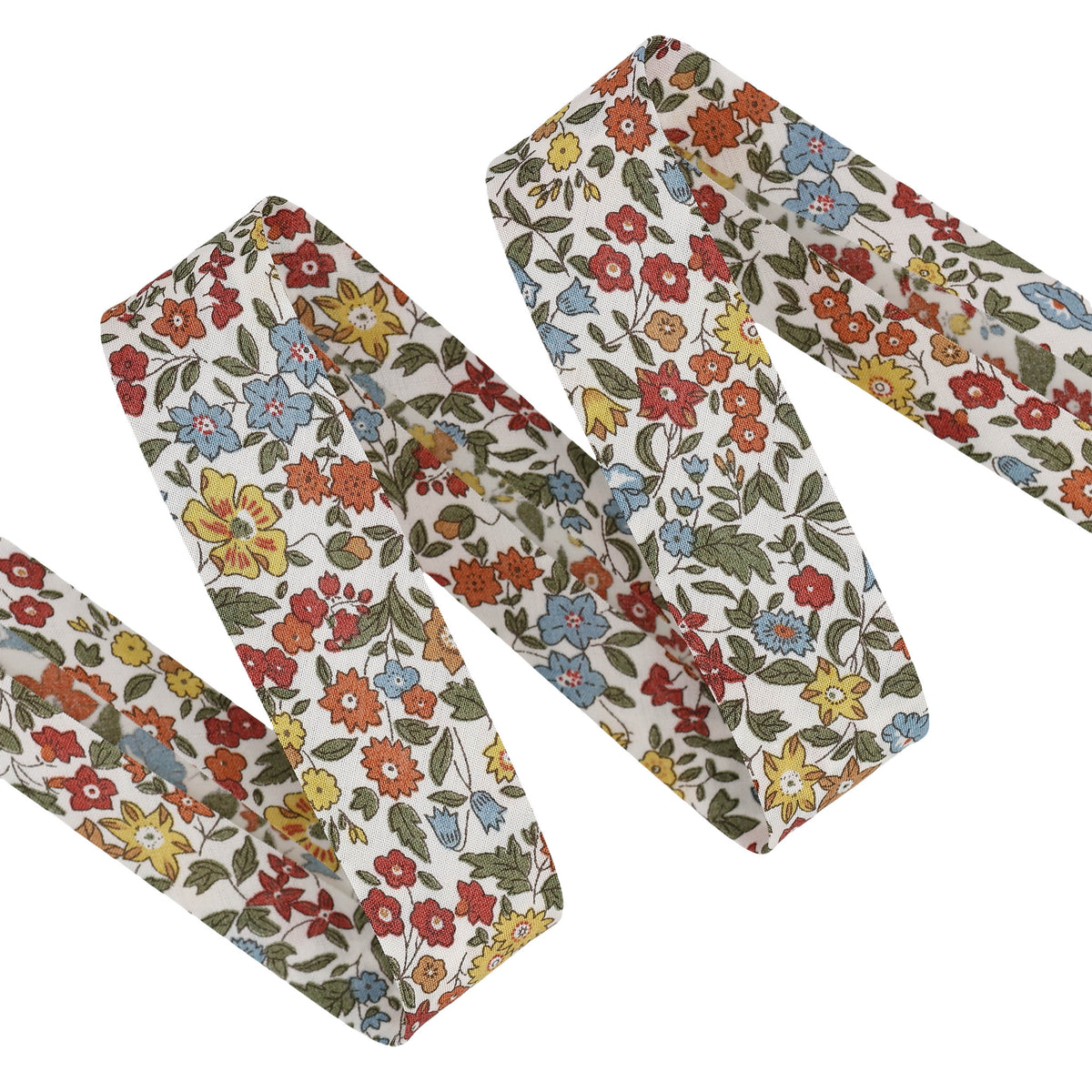 20mm Liberty print cotton bias binding with a colorful floral pattern on a white background.