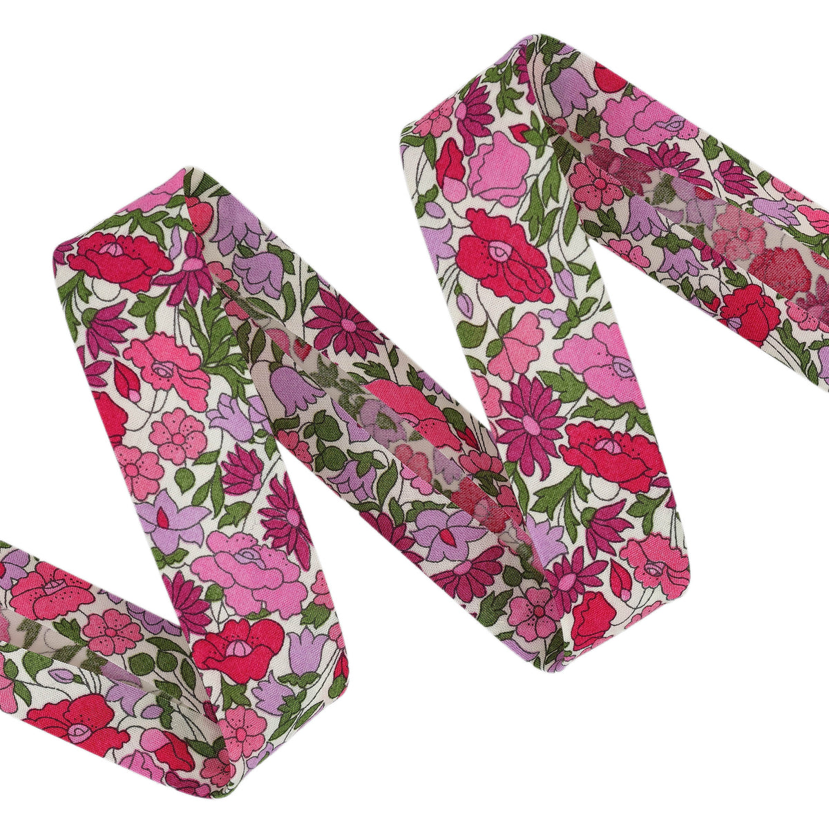 20mm Liberty print cotton bias binding featuring a pink and purple floral pattern on a white base.