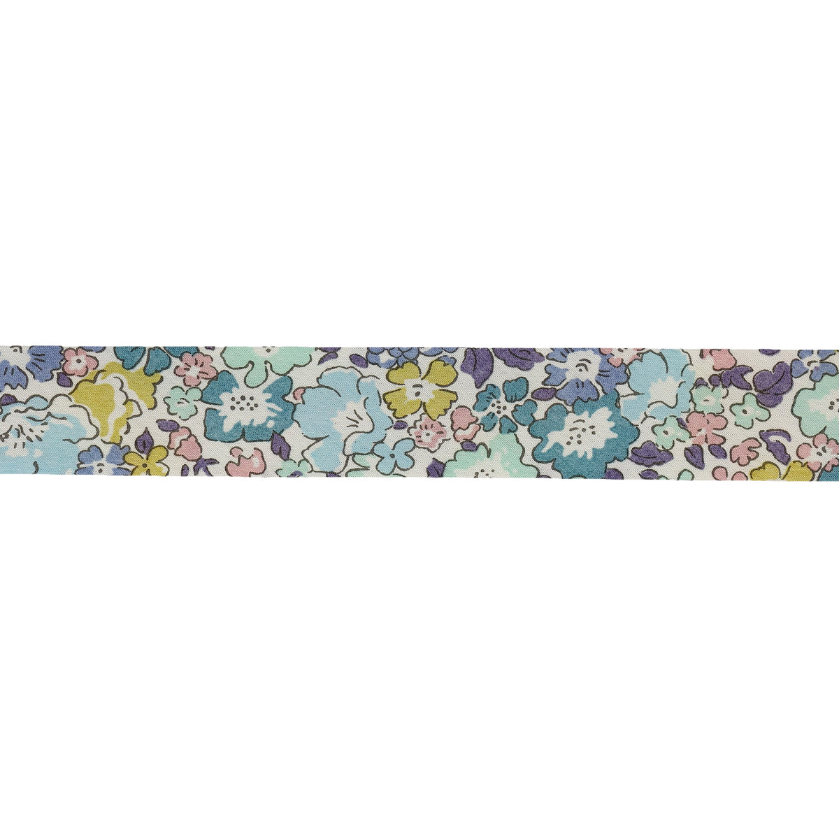 Liberty print bias binding tape with a blue, purple, and yellow floral pattern on a white background