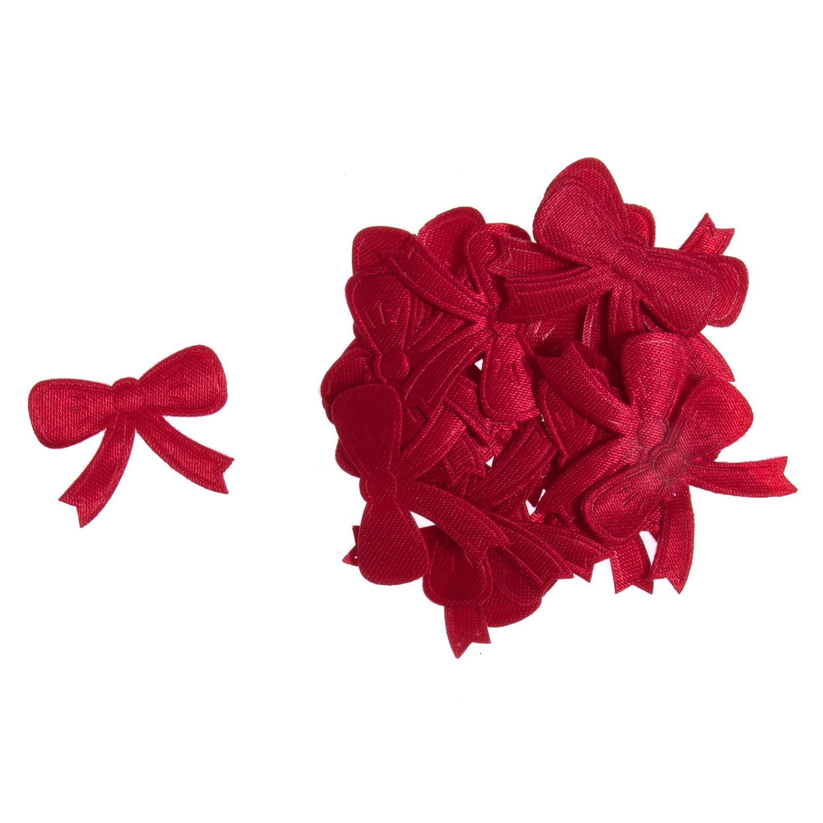 Pack of 70 claret red satin ribbon bows, 3 x 2.5cm each, shown in a pile and individually.