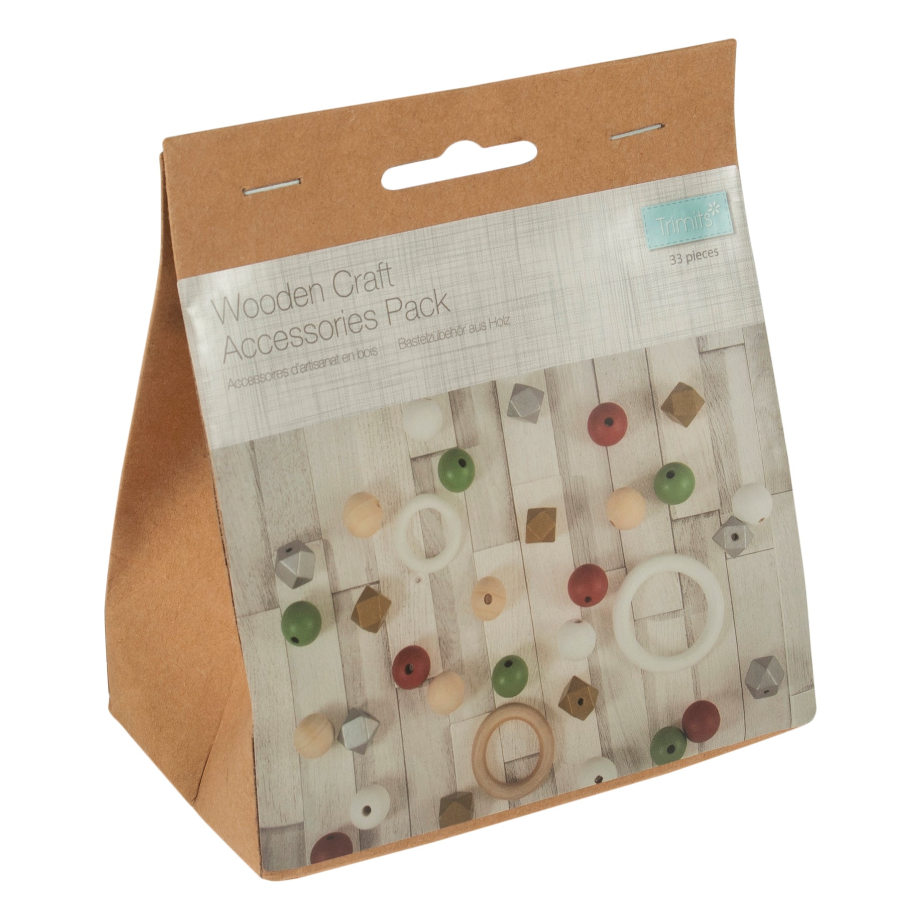 Trimits Macramé Christmas Starter Pack featuring 33 pieces of birch wood beads and rings.