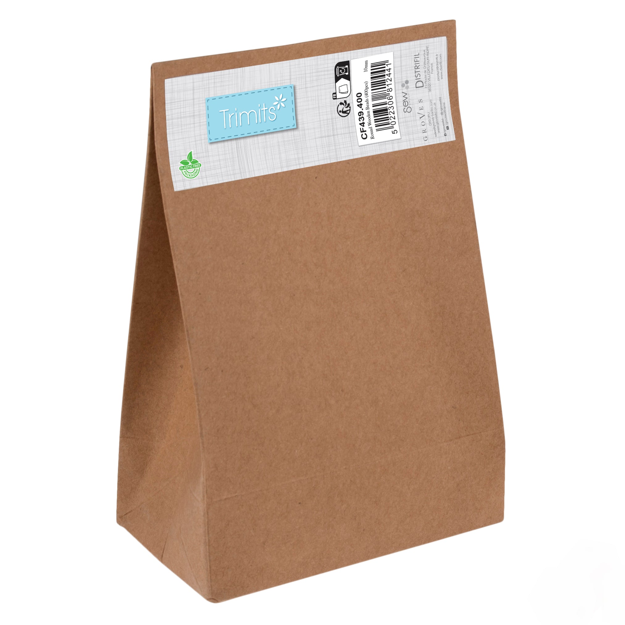 A brown paper bag containing 400 wooden beads with a Trimits brand label on the front.