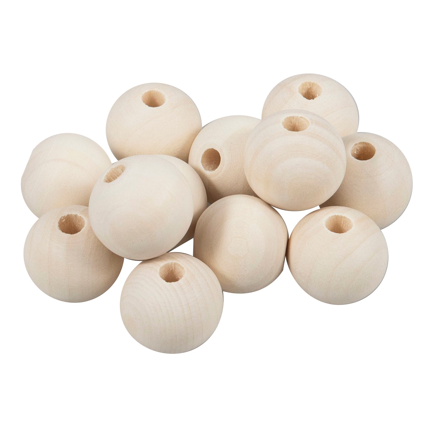 A pile of smooth, natural 20mm beech wood beads with 5mm center holes for crafting.