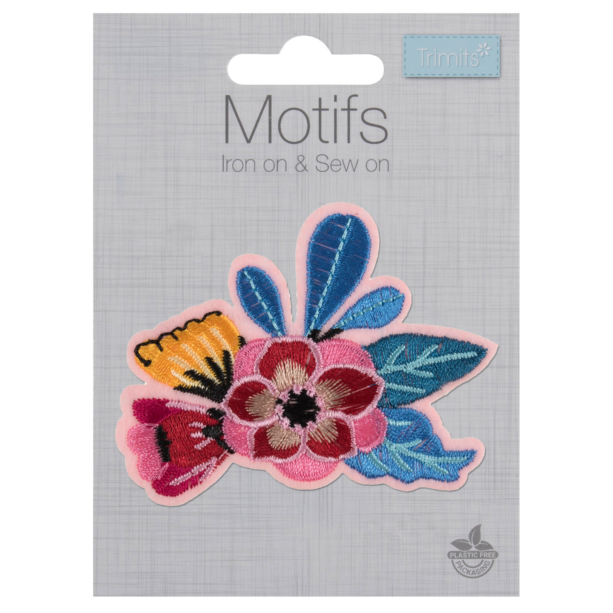 Embroidered floral iron-on motif with pink, red, and yellow flowers and blue leaves.