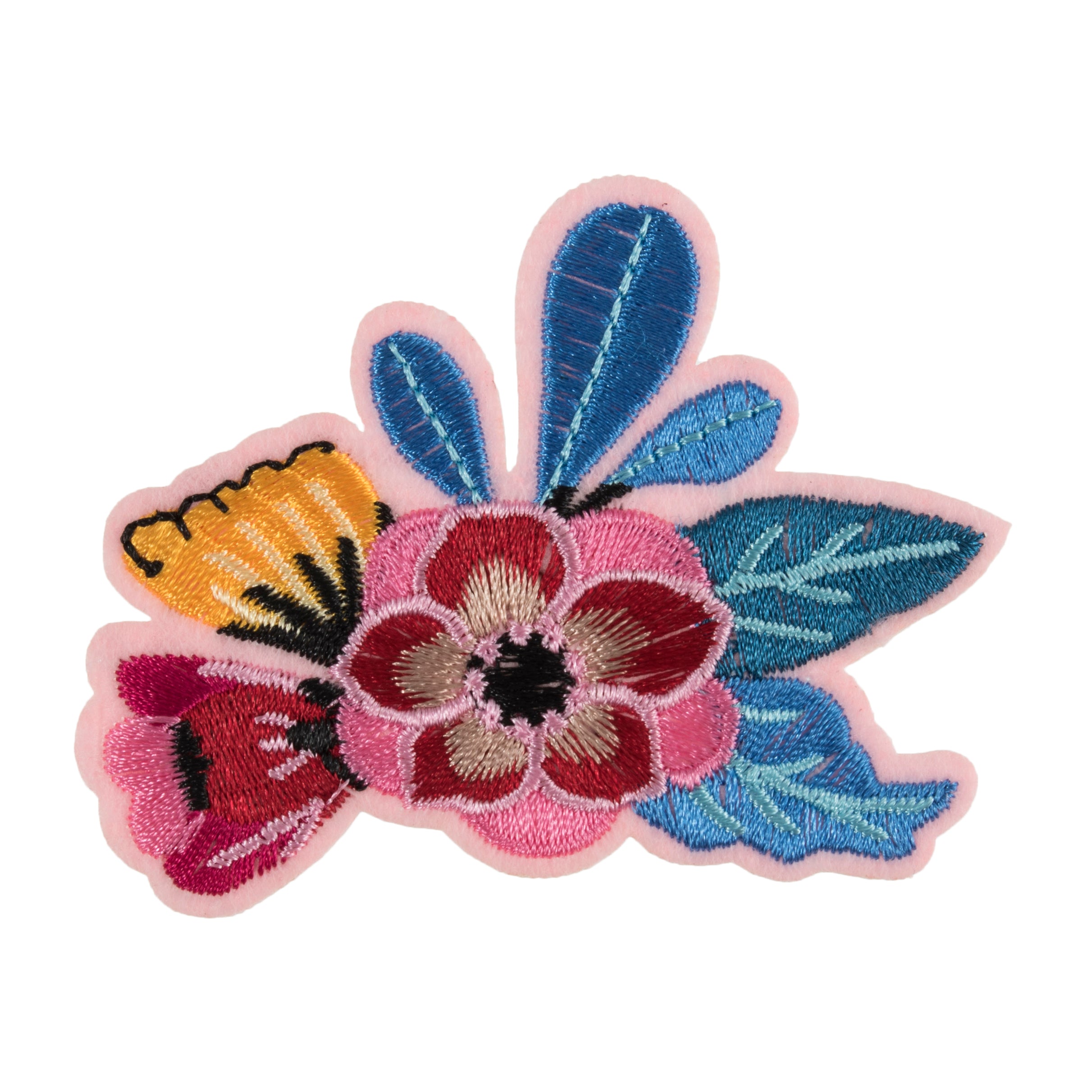 Embroidered iron-on flower patch with pink, red, and yellow blossoms and blue leaves.