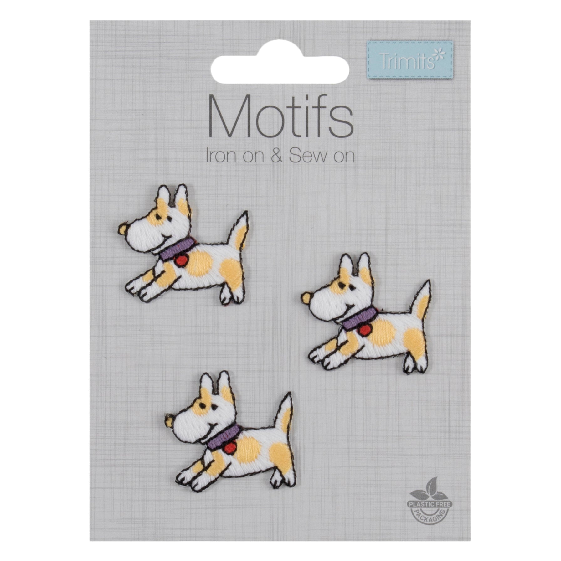 Three embroidered dog patches with yellow spots and purple collars on a grey card.