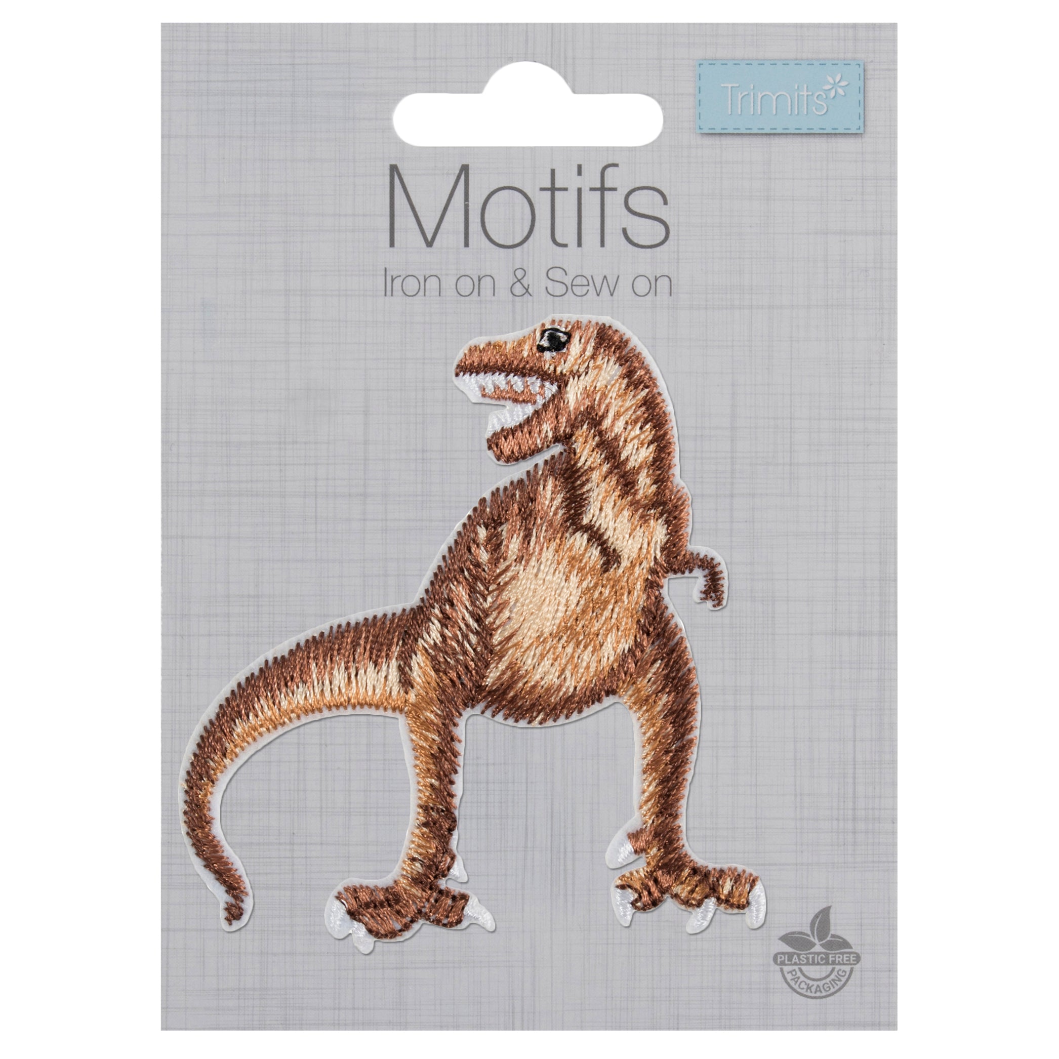 Embroidered brown T-Rex dinosaur iron-on patch on a grey card backing.