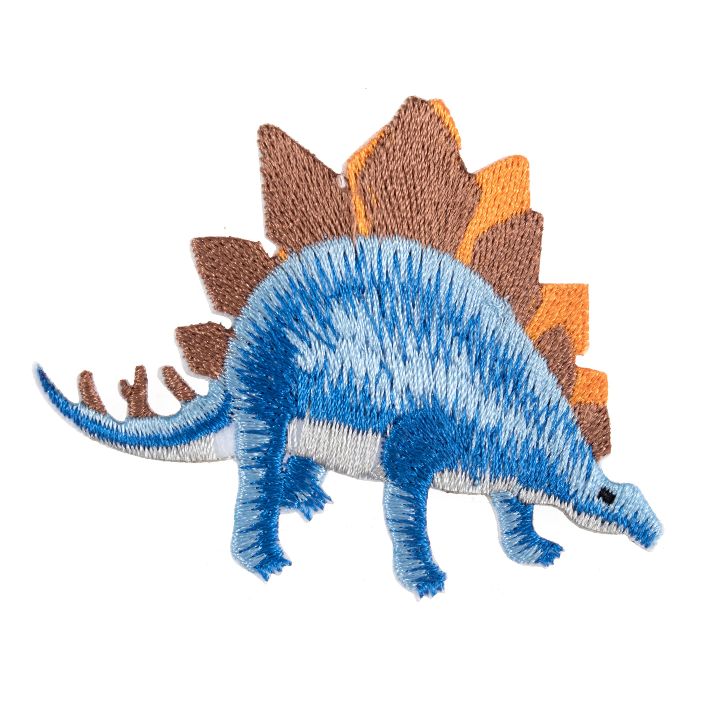 A blue embroidered dinosaur patch with brown and orange plates.