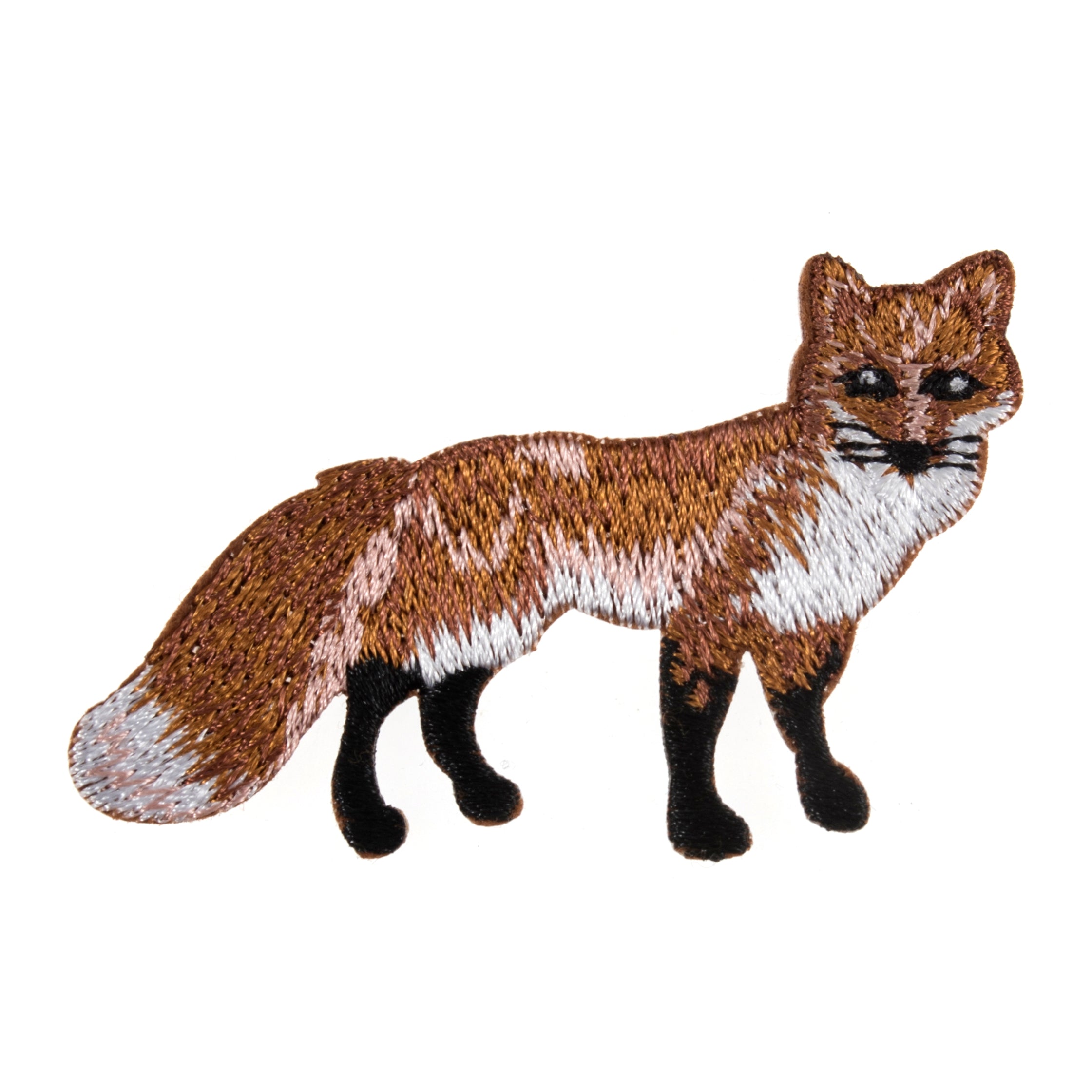 An embroidered iron-on patch of a fox with brown, white, and silver stitching.