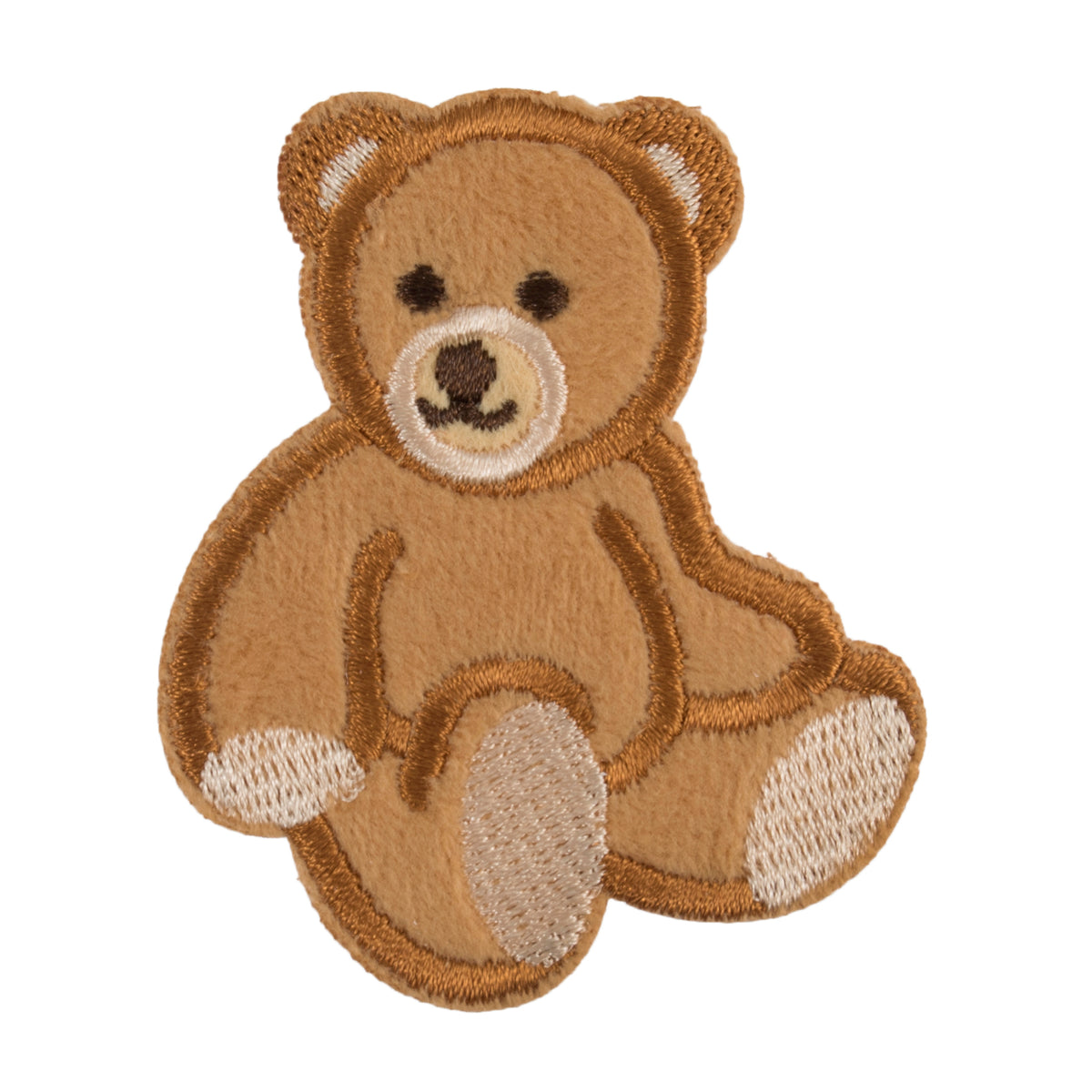 Trimits Teddy Bear iron-on patch with brown embroidered details and a soft tan fabric finish.