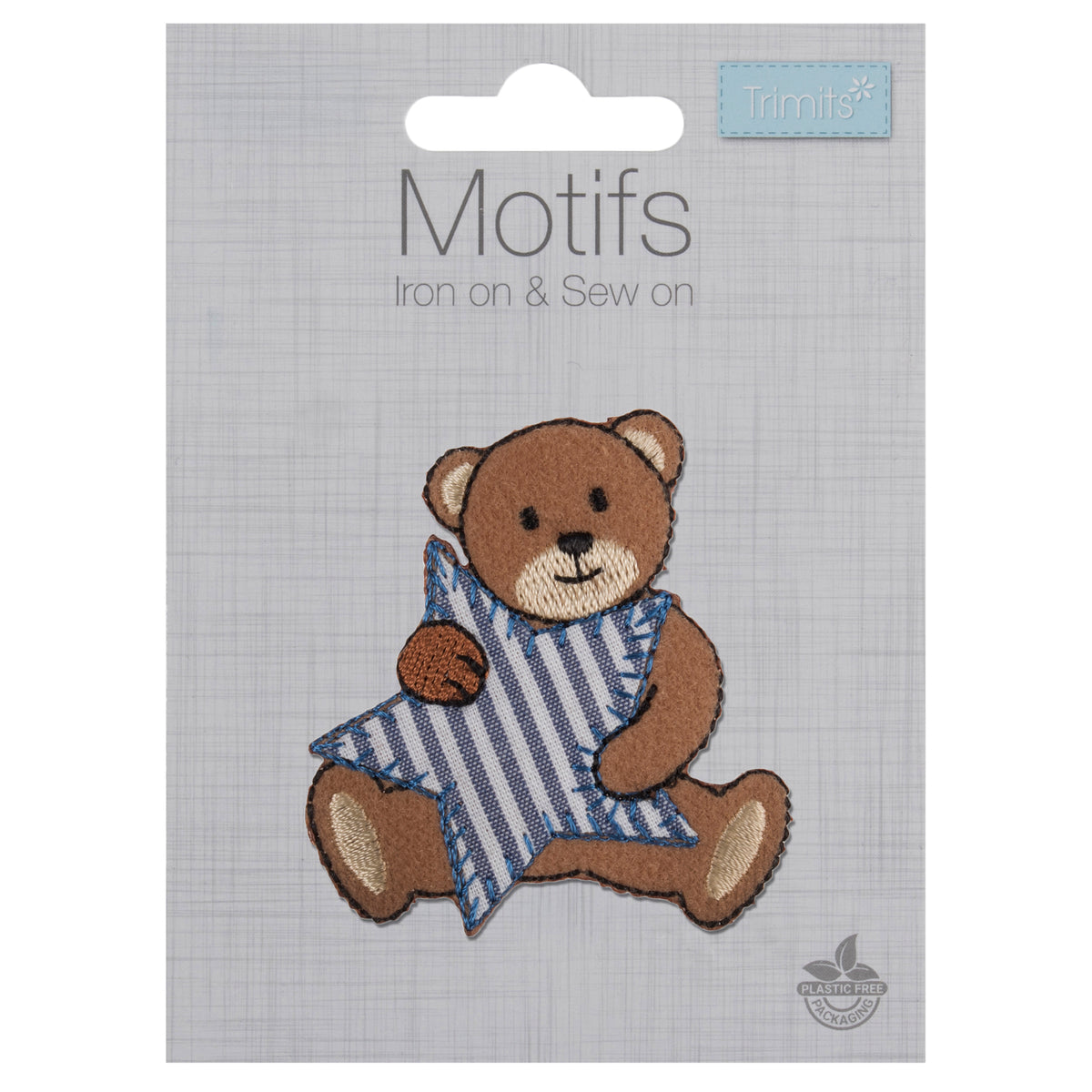 Embroidered brown teddy bear patch holding a blue and white striped star motif.