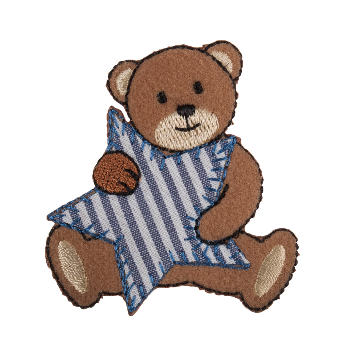 Brown teddy bear iron-on patch holding a blue and white striped star.