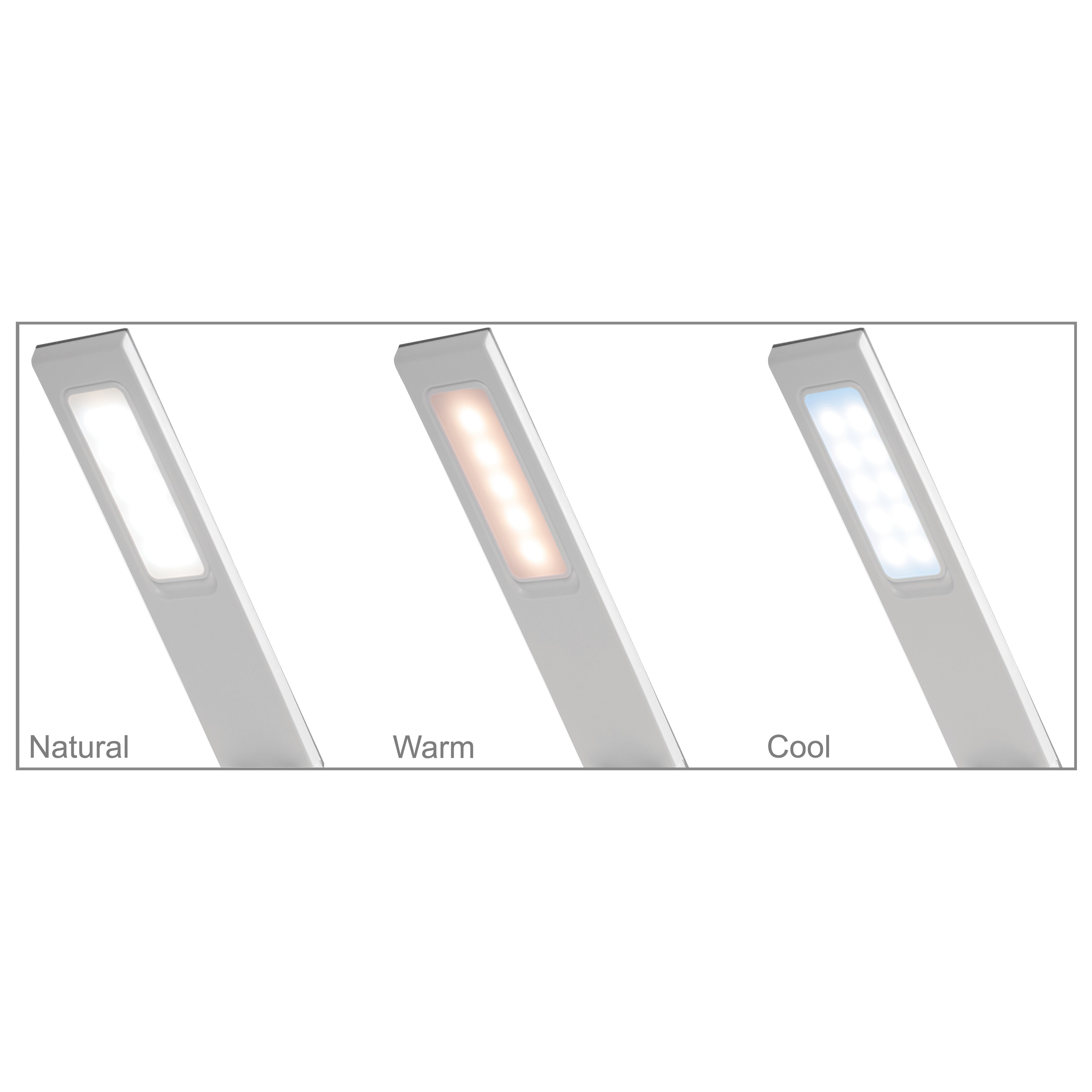 Rechargeable LED lamp head shown in three color temperatures: natural, warm, and cool.