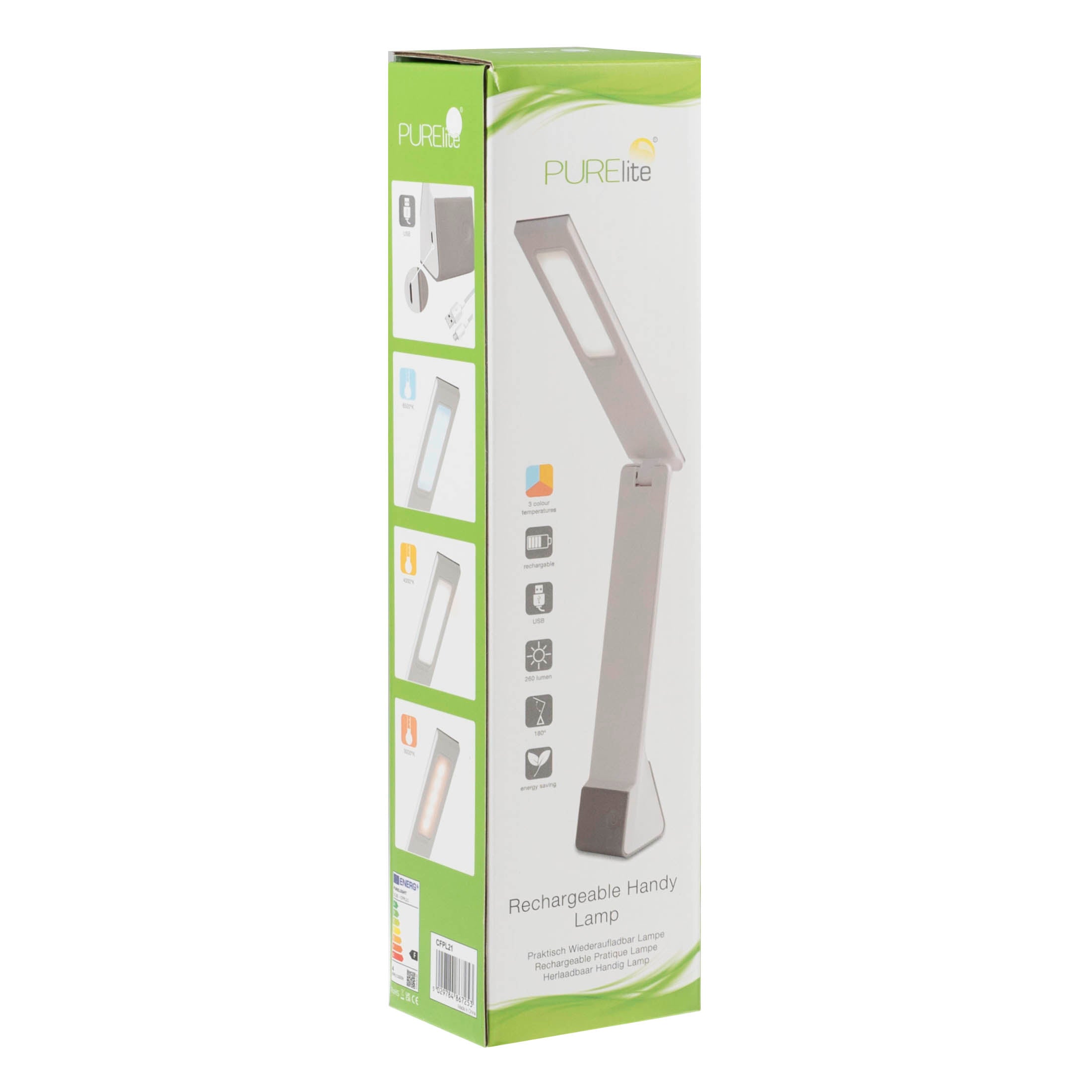 Purelite rechargeable LED handy lamp in its white and green retail packaging.