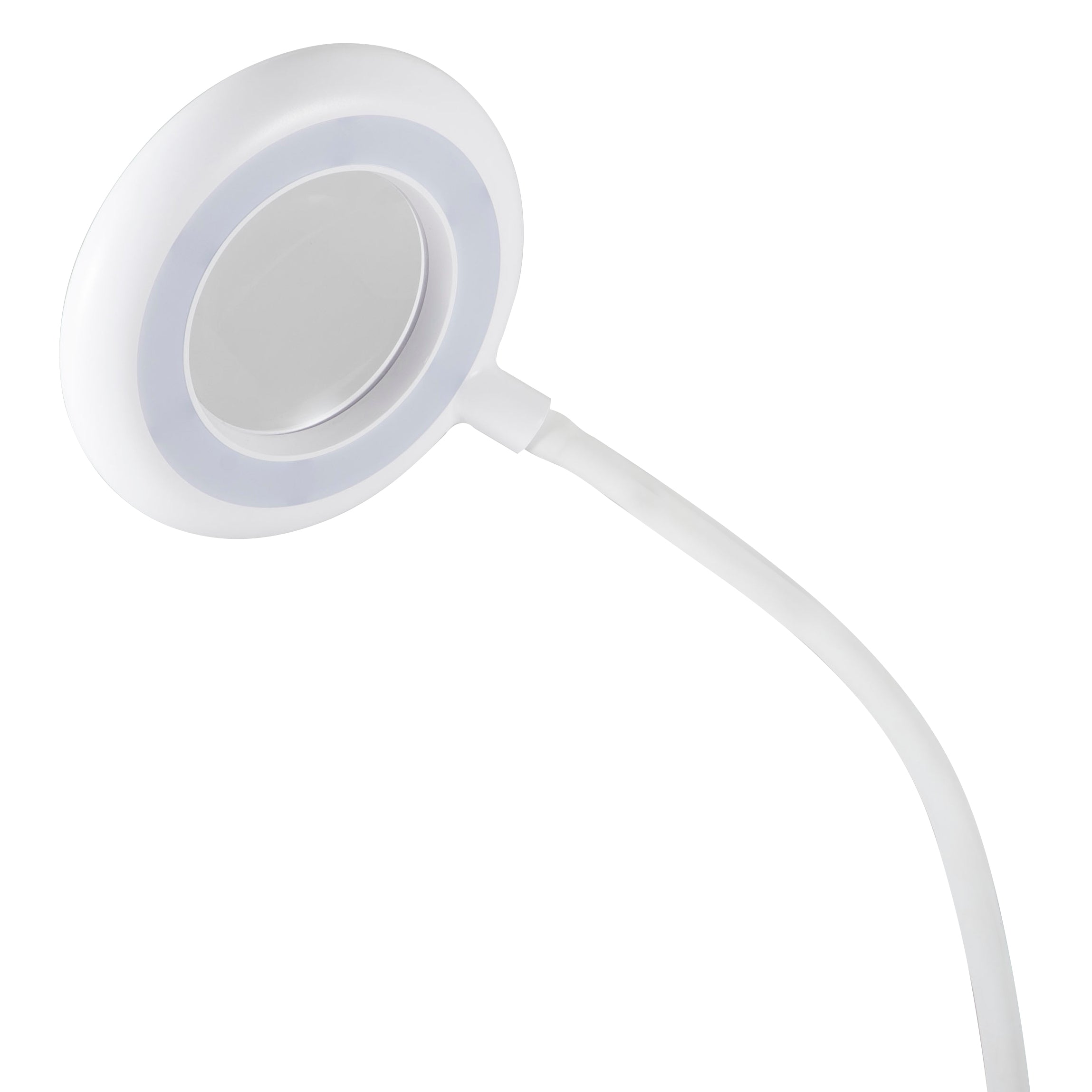 White clip-on LED magnifier with a flexible arm and a circular light around the lens.