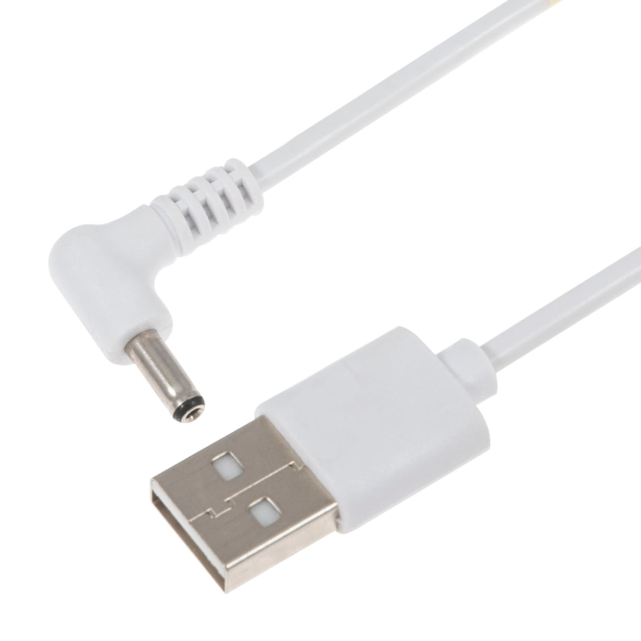 White USB charging cable with a standard USB-A plug and a right-angle DC barrel connector.