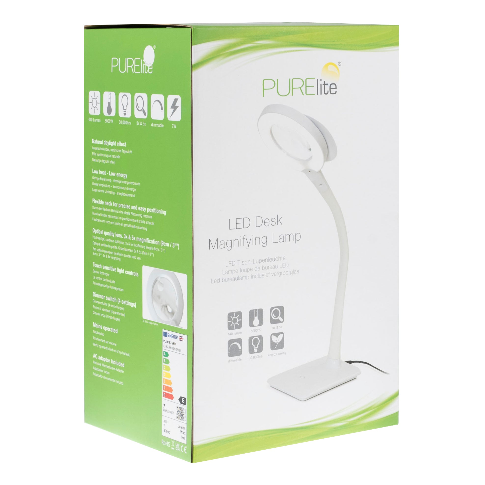 White Purelite LED desk magnifying lamp shown in its original green and white packaging.