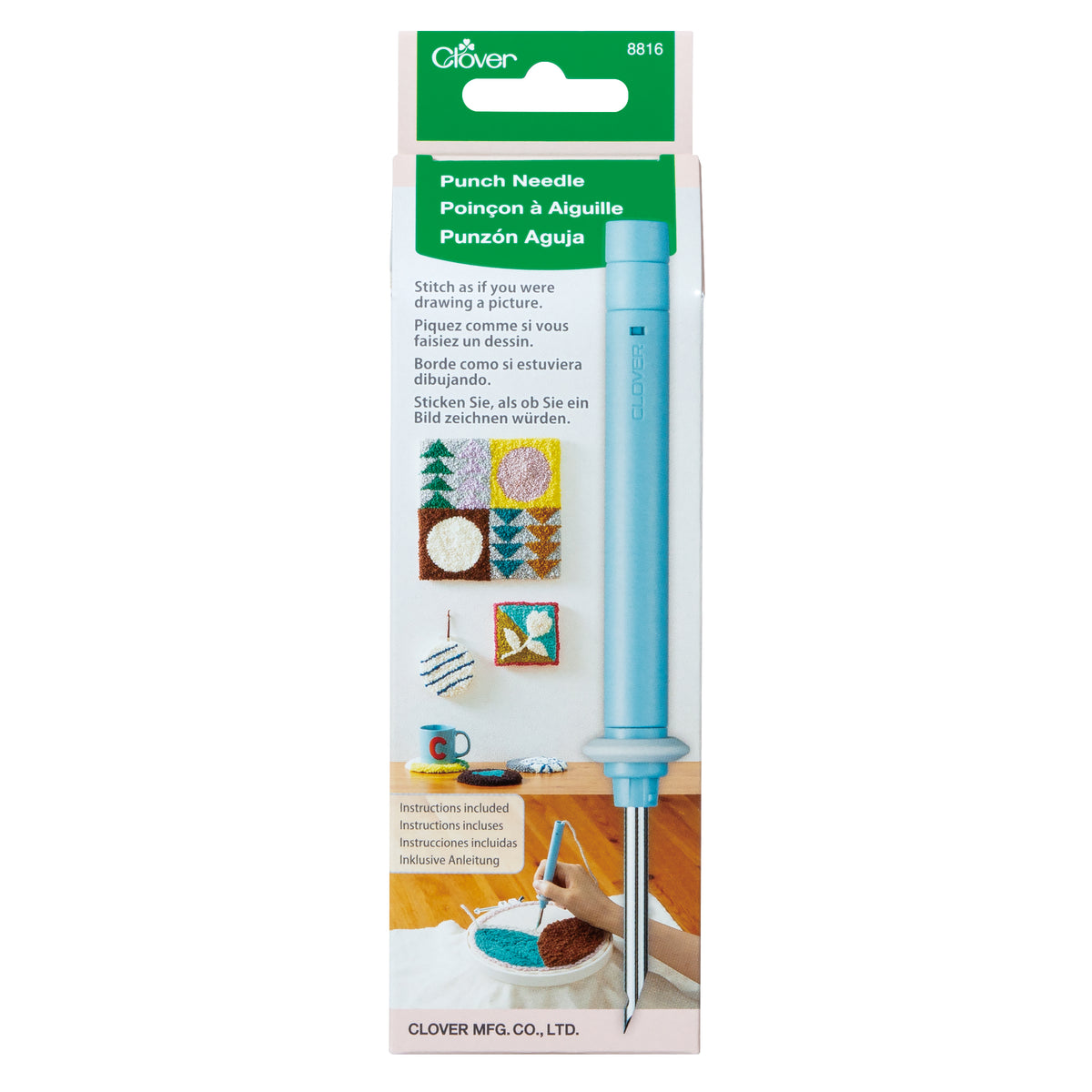 Clover Punch Needle tool in light blue packaging with examples of finished yarn embroidery.