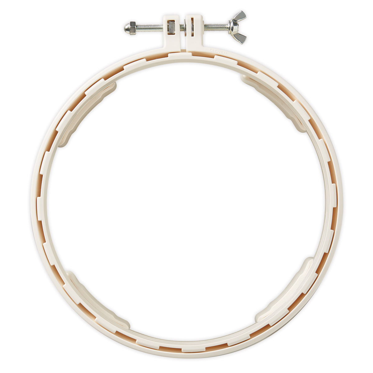 Clover Punch Needle Hoop, 18cm cream plastic embroidery hoop with anti-slip system and wing nut.